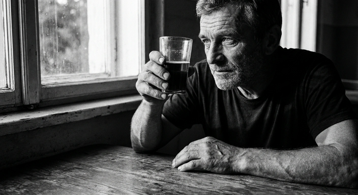 Middle-aged man in late afternoon light examining a glass of red wine on a wooden table, documentary black-and-white photograph, Leica M6, Ilford HP5 Plus, visible stubble and weathered hands, natural side light through a window