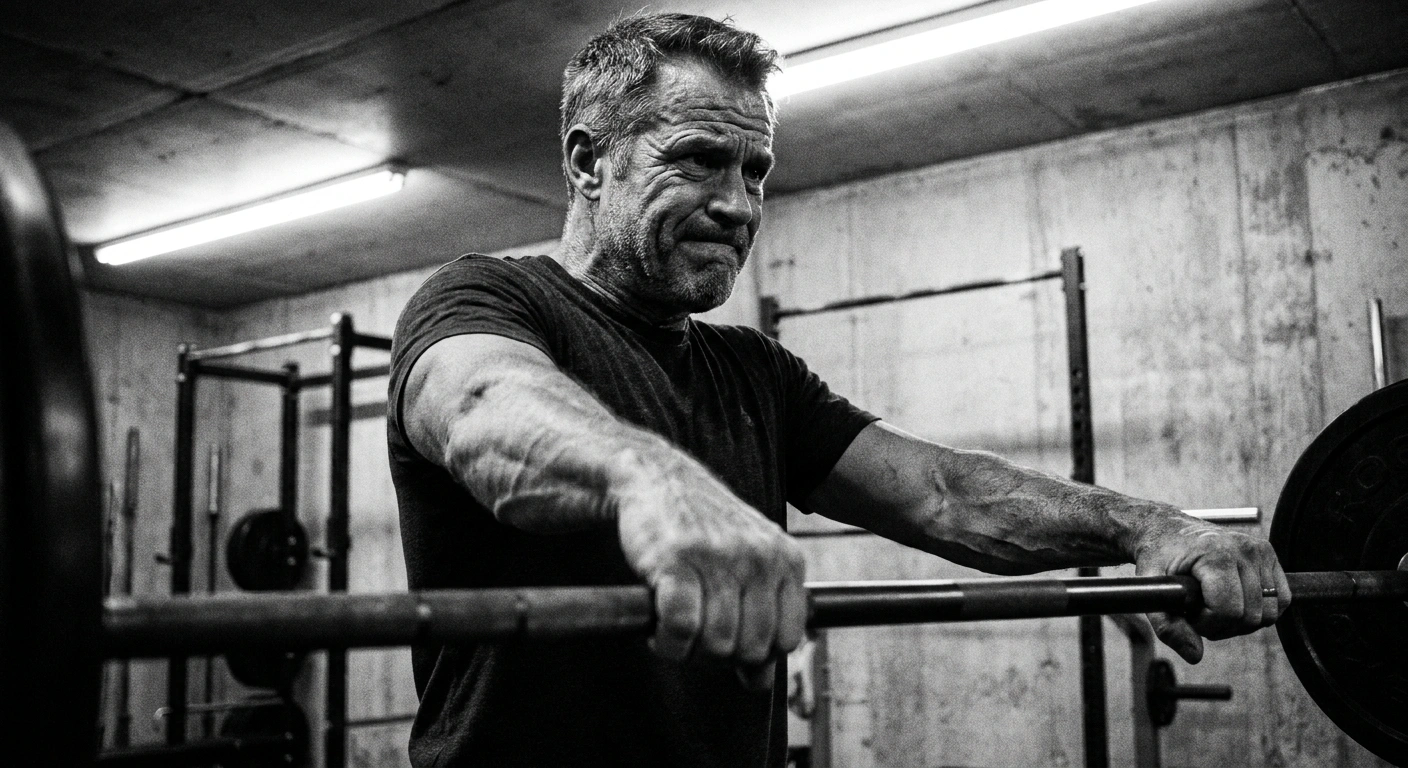 Man in his mid-50s performing a deadlift in a bare concrete gym, forearms and grip visible, shot in high-contrast black and white on Kodak Tri-X 400 with a Leica M6