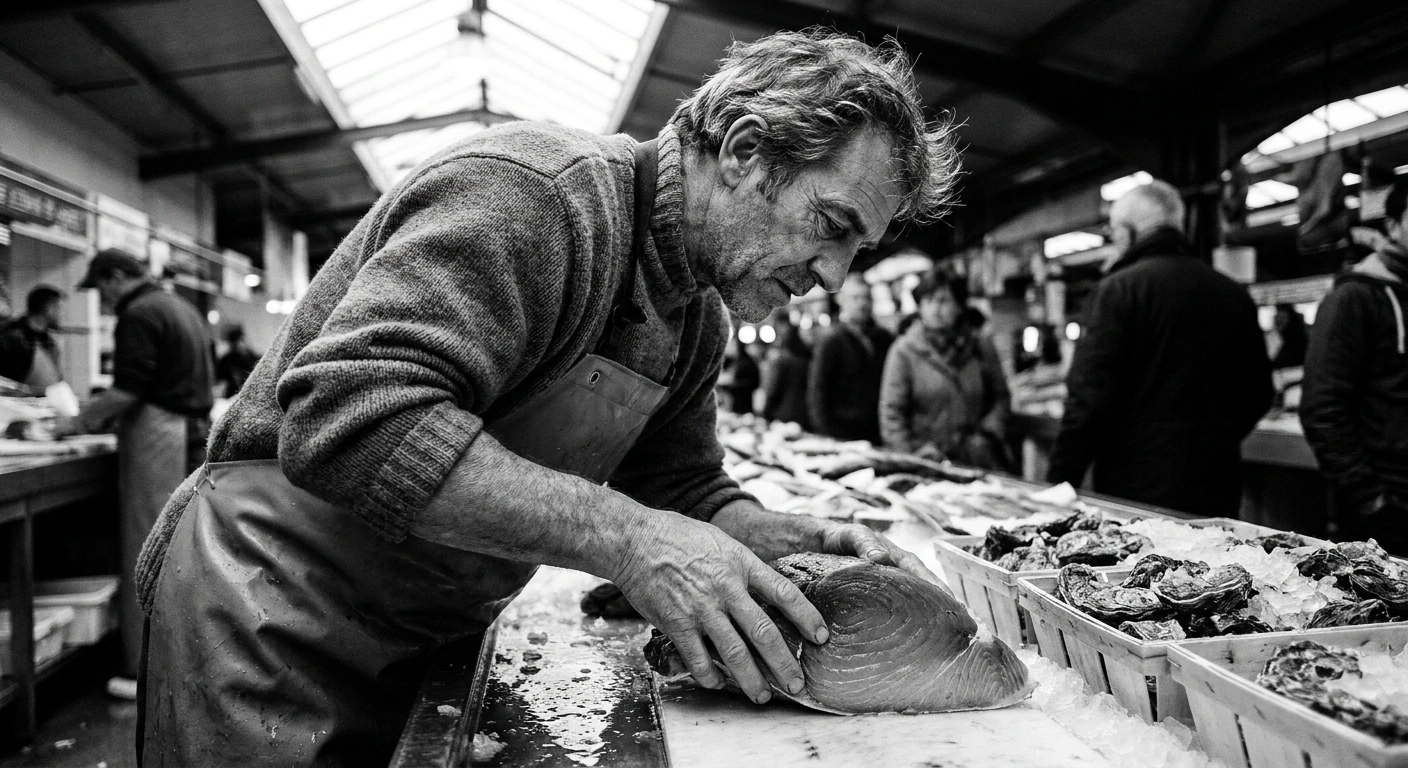 Middle-aged man examining fresh tuna steaks and oysters at a fish market counter, documentary black-and-white photograph, Leica M6 with 35mm f/1.4 Summilux, Kodak Tri-X 400, natural ambient market light, visible weathered hands and stubble, unretouched grain