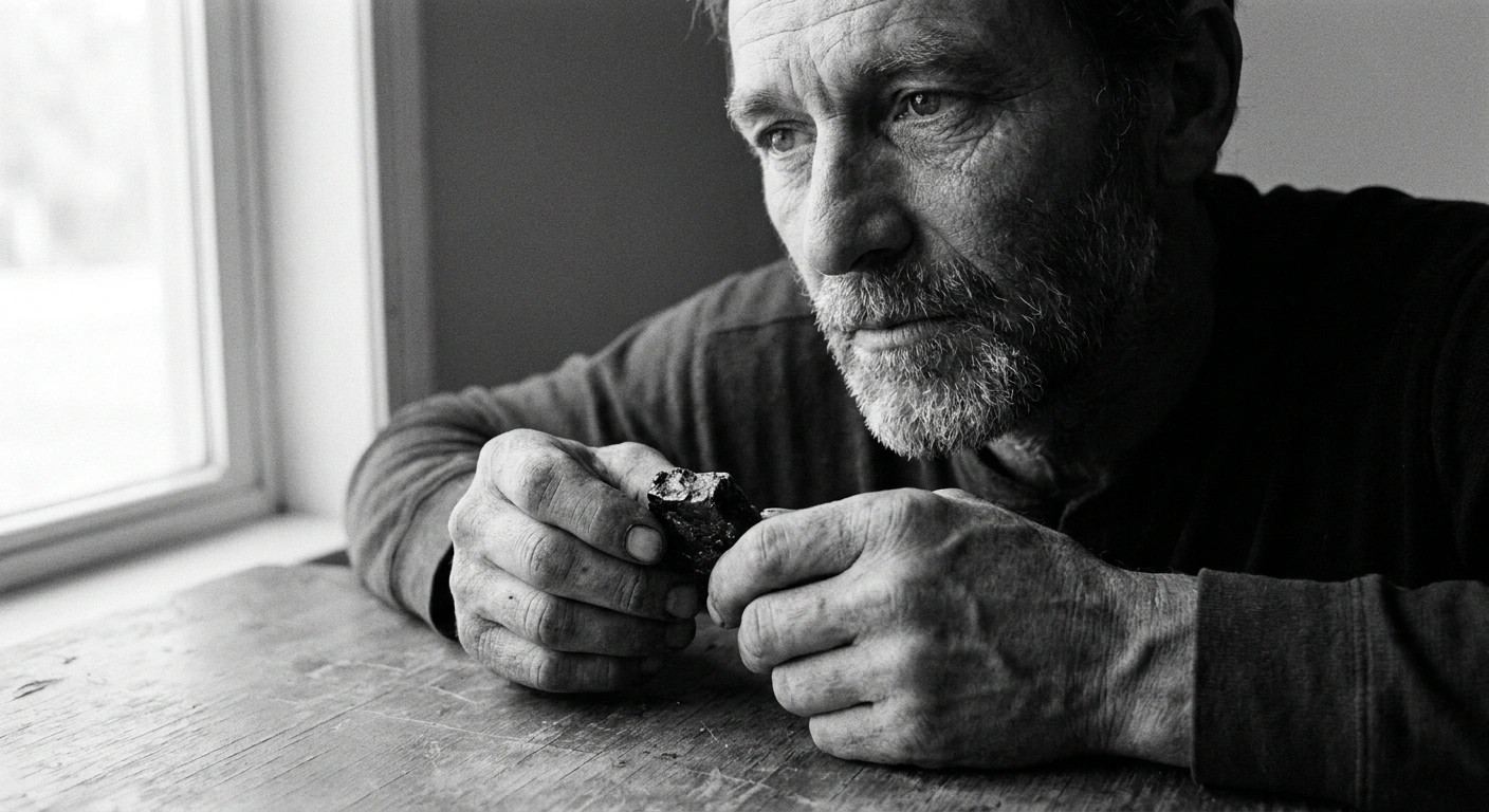 Middle-aged man in his late 40s with weathered face and salt-and-pepper beard examining a small dark resin at a worn stone surface in natural window light, black-and-white documentary photograph