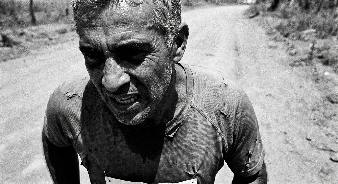 Black and white documentary photograph of a man in his mid-40s on a stationary bike, face showing genuine exertion, sweat on his forehead, sparse commercial gym in the background, harsh overhead fluorescent lighting, unretouched