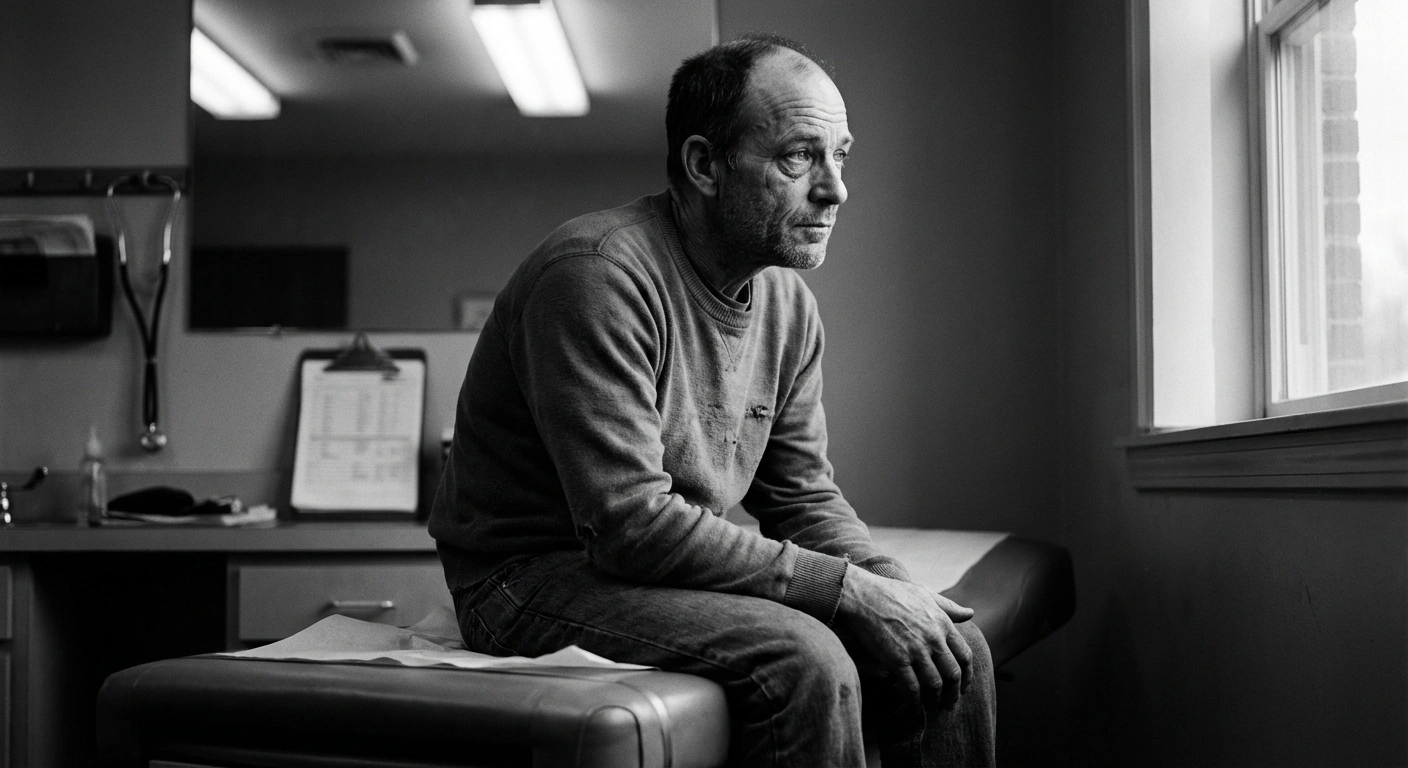 Black and white photojournalistic portrait of a man sitting on a medical examination table in a doctor's office, documentary style