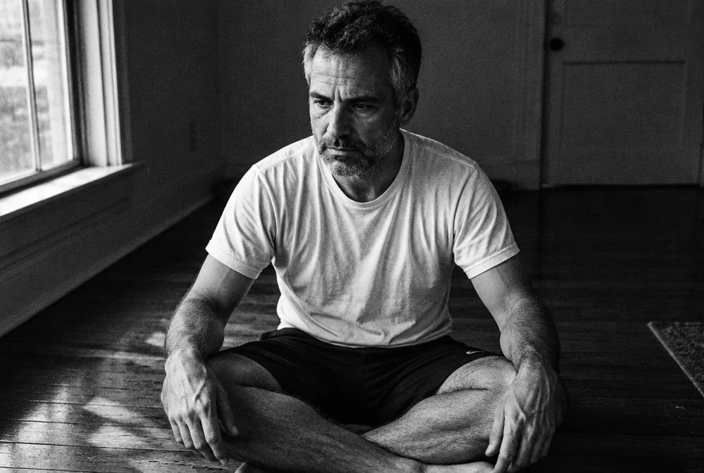 Middle-aged man in his late 40s sitting cross-legged on a bare wooden floor, wearing a plain white t-shirt and training shorts, shot on Leica M6 with 35mm Summilux, Kodak Tri-X 400, high contrast black and white, visible stubble and forearm veins, unposed documentary style