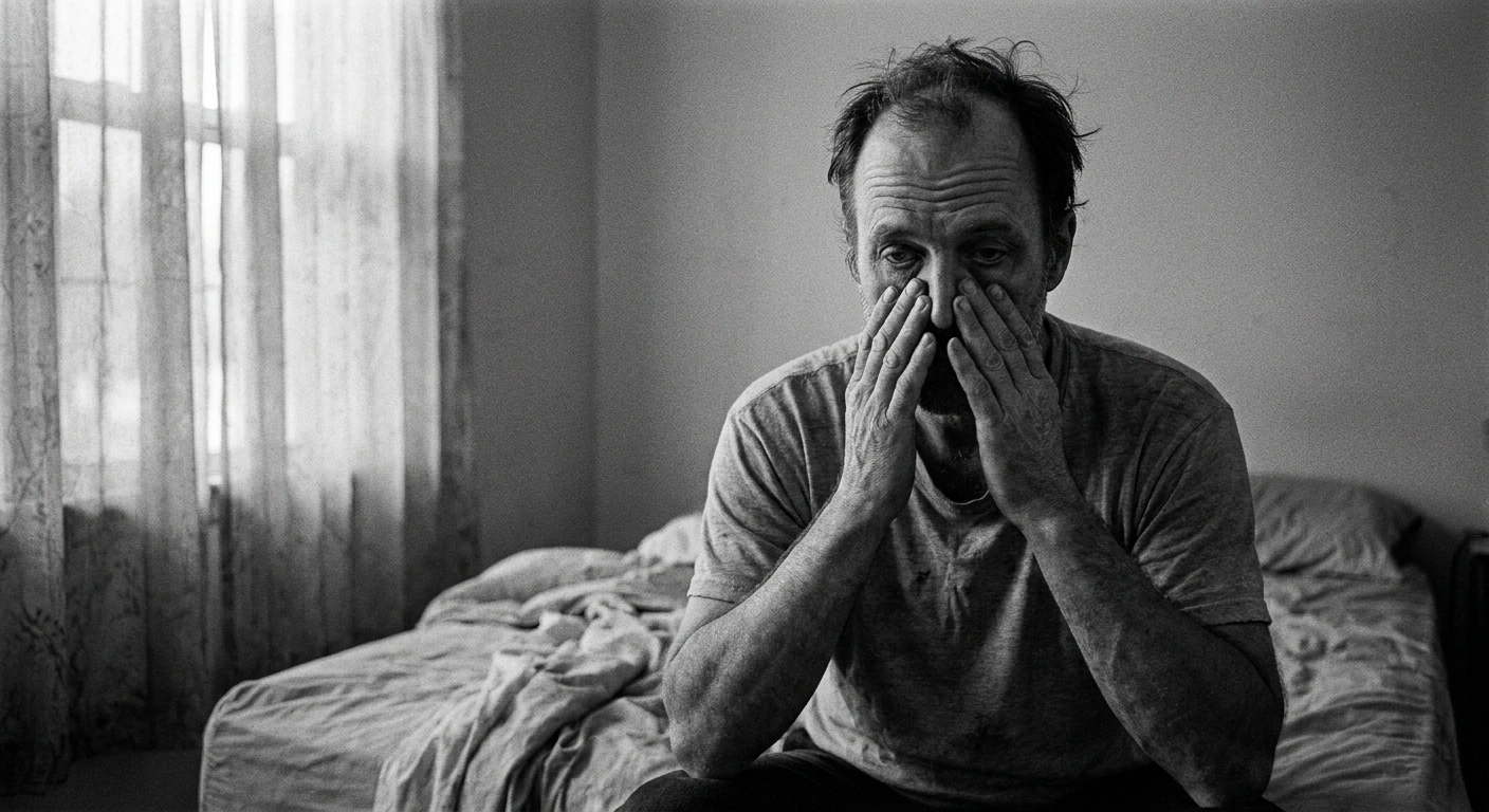 Middle-aged man sitting at the edge of a bed in the early morning, looking exhausted and rubbing his face, documentary photography