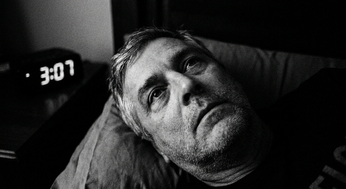 Man in his late 40s lying awake in bed at 3am, clock visible, documentary black-and-white photography