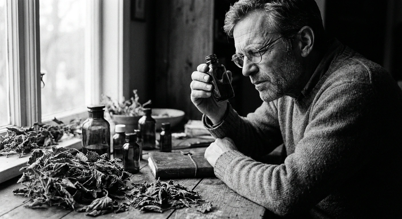Middle-aged man with crow's feet and gray temples examining an amber supplement bottle at a wooden desk, dried stinging nettle leaves nearby, black-and-white documentary photograph
