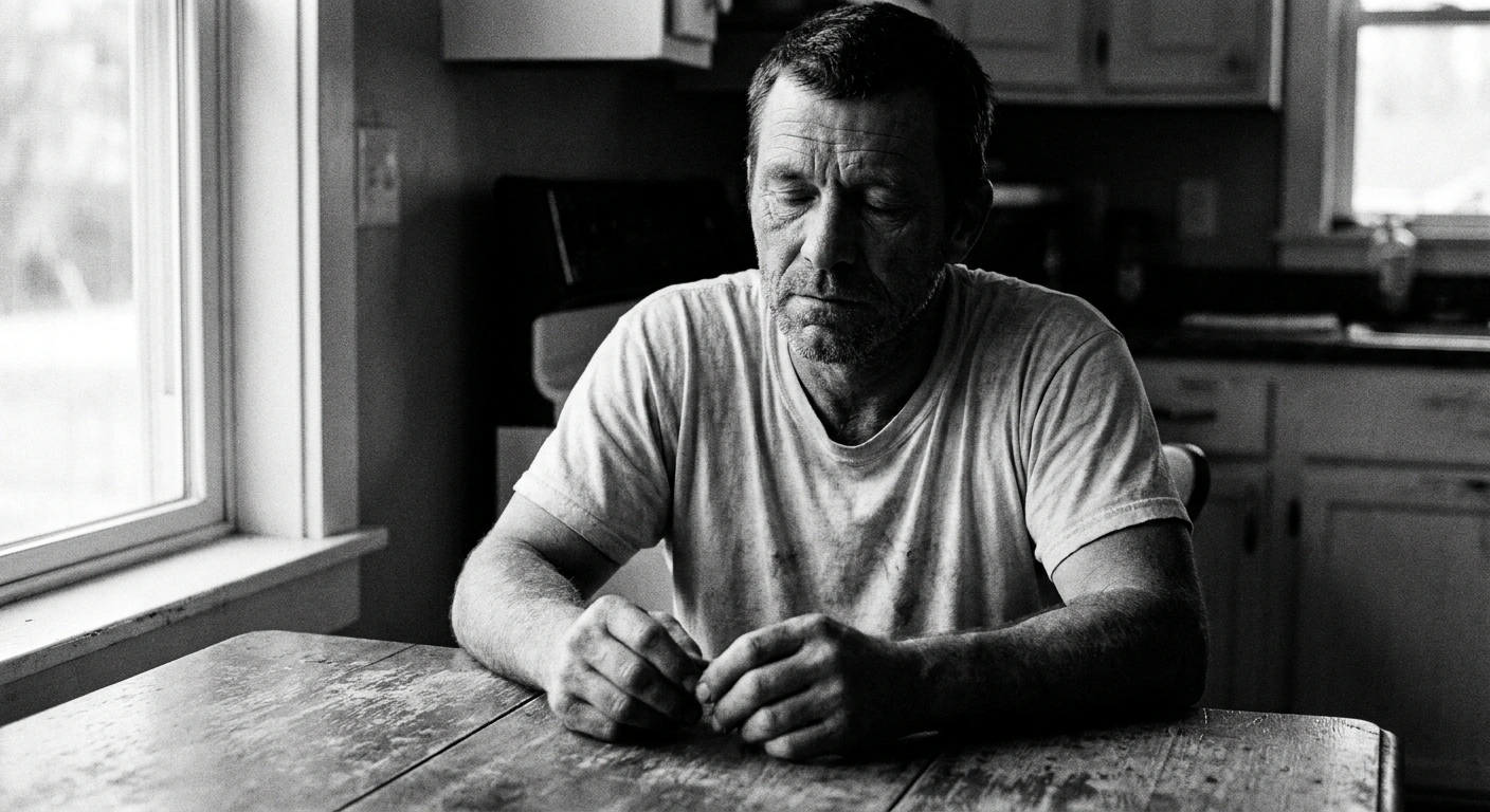 Middle-aged man in his 40s sitting in quiet reflection at a kitchen table, hands folded, eyes closed, documentary black-and-white photography