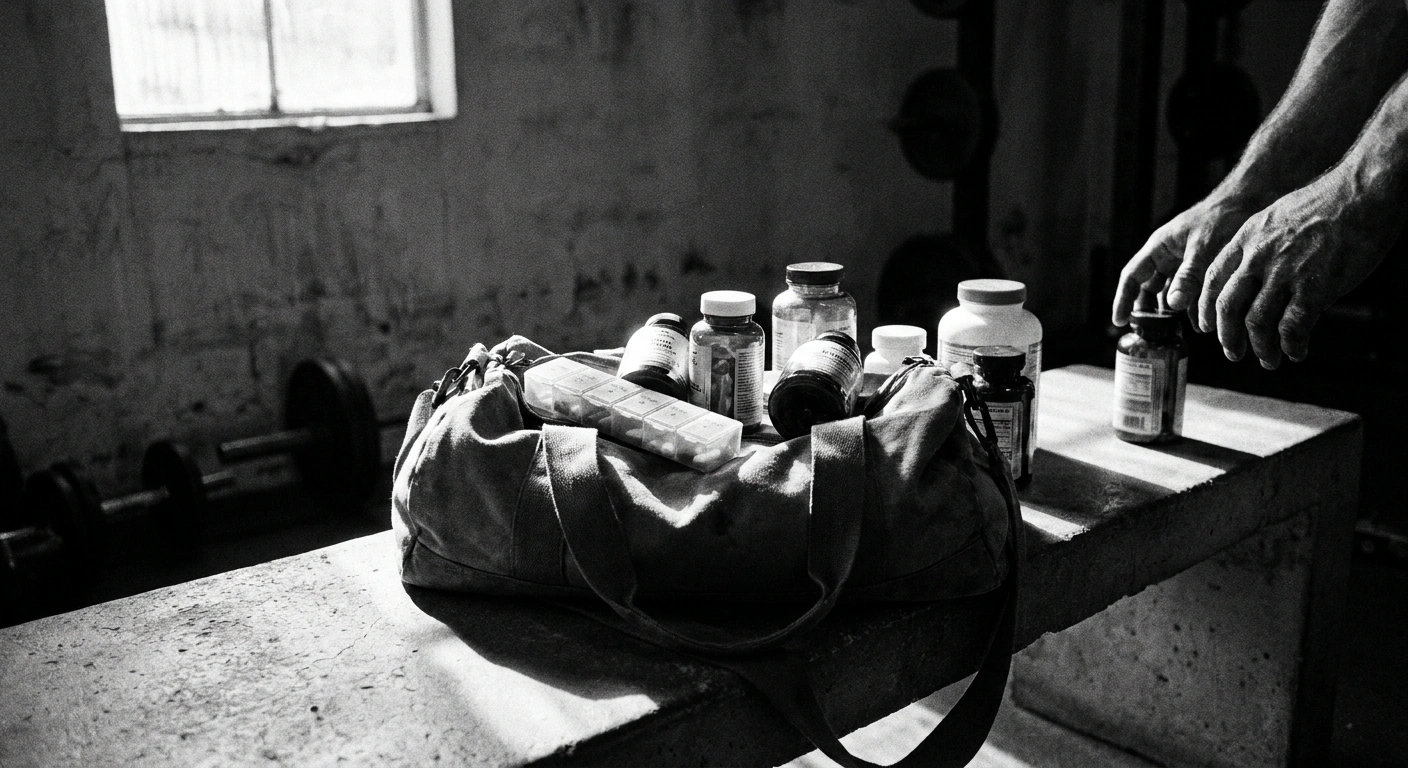 Man in his 40s at a wooden shelf organizing amber supplement bottles in a home gym, black and white documentary photograph