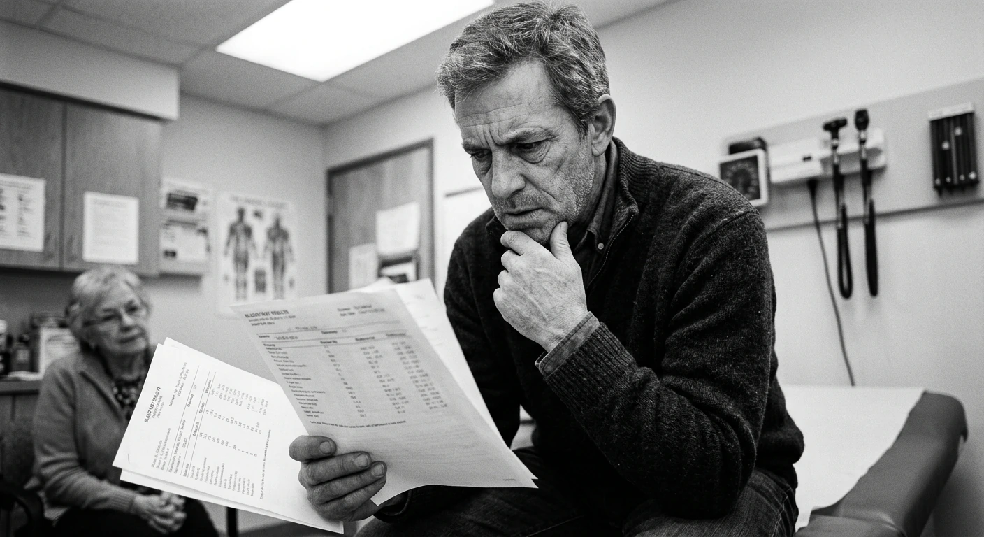 Middle-aged man reviewing blood test results with his doctor at a clinic desk, black-and-white documentary photograph