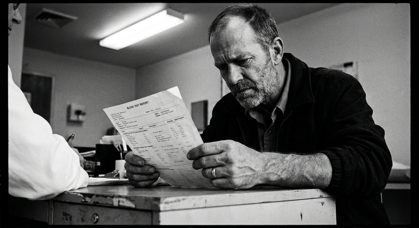 Middle-aged man in his late 40s reviewing blood test results at a doctor's desk, documentary black-and-white photograph
