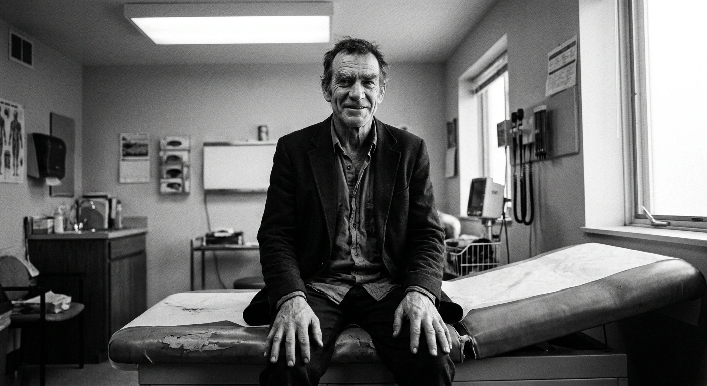 Middle-aged man in conversation with his doctor at a clinic desk, reviewing printed lab results, black and white documentary photography