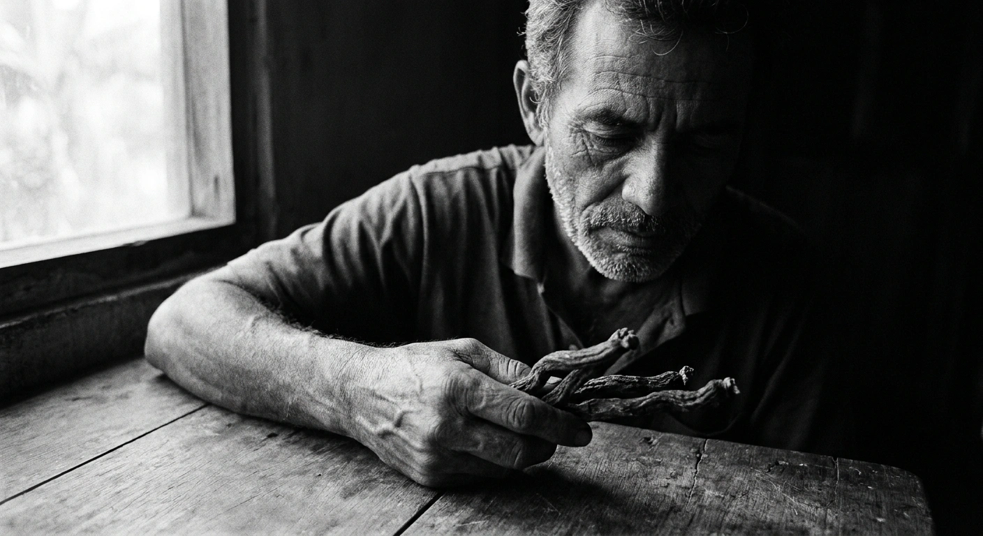 Middle-aged man with salt-and-pepper stubble examining dried tongkat ali roots at a worn wooden table in window light, black-and-white documentary photograph