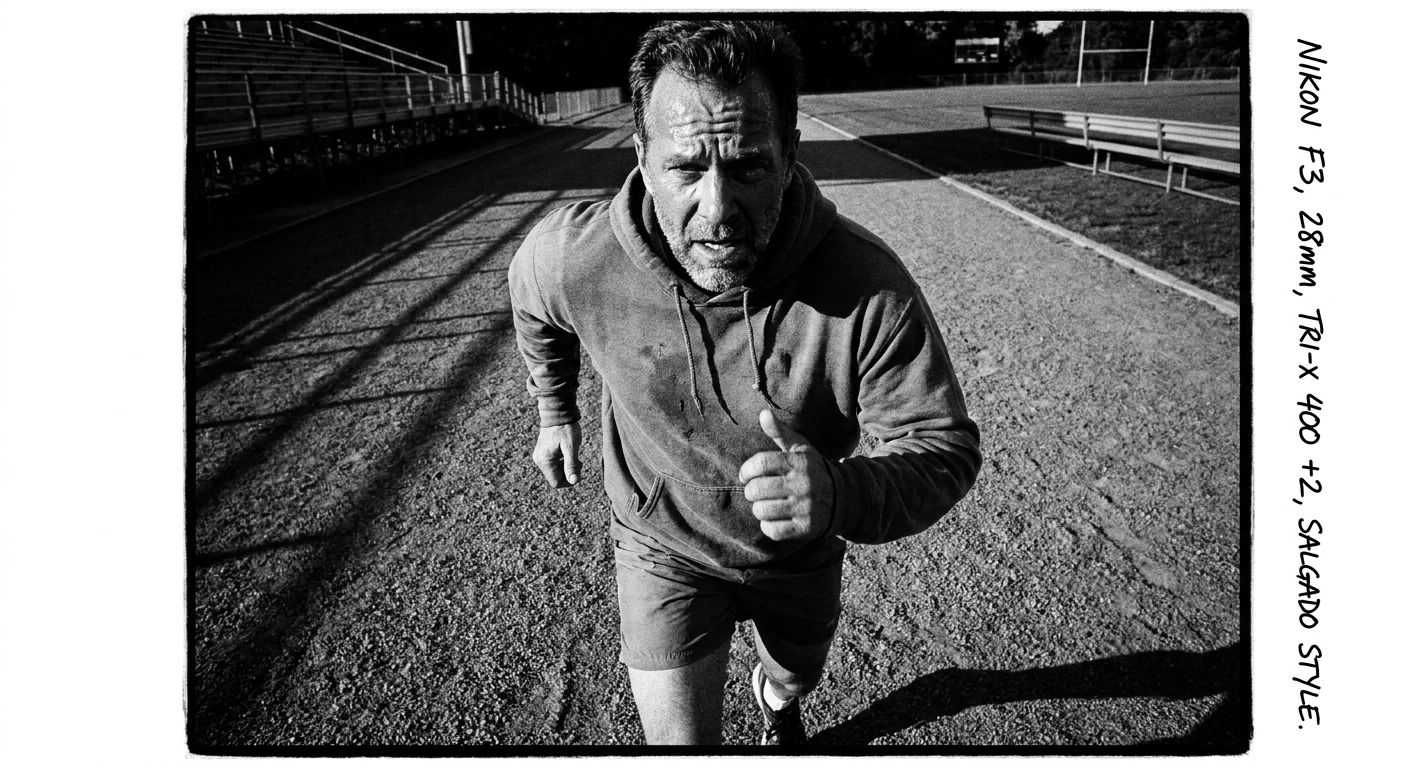 Man in his late 40s running on a track at dusk, face showing hard effort, documentary black-and-white photography