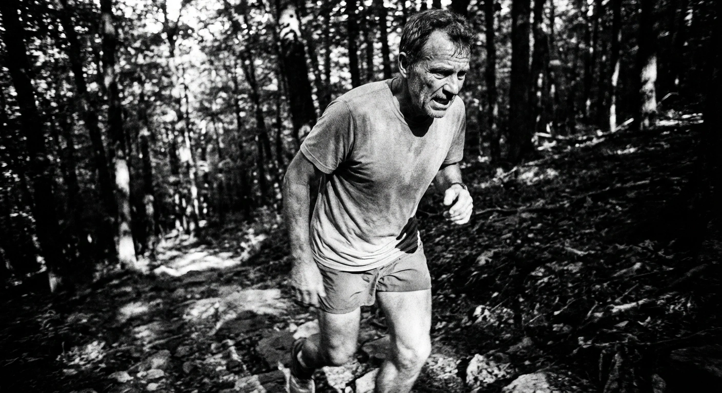 Middle-aged man running hard uphill on a forest trail, intense effort visible, documentary B&W photography