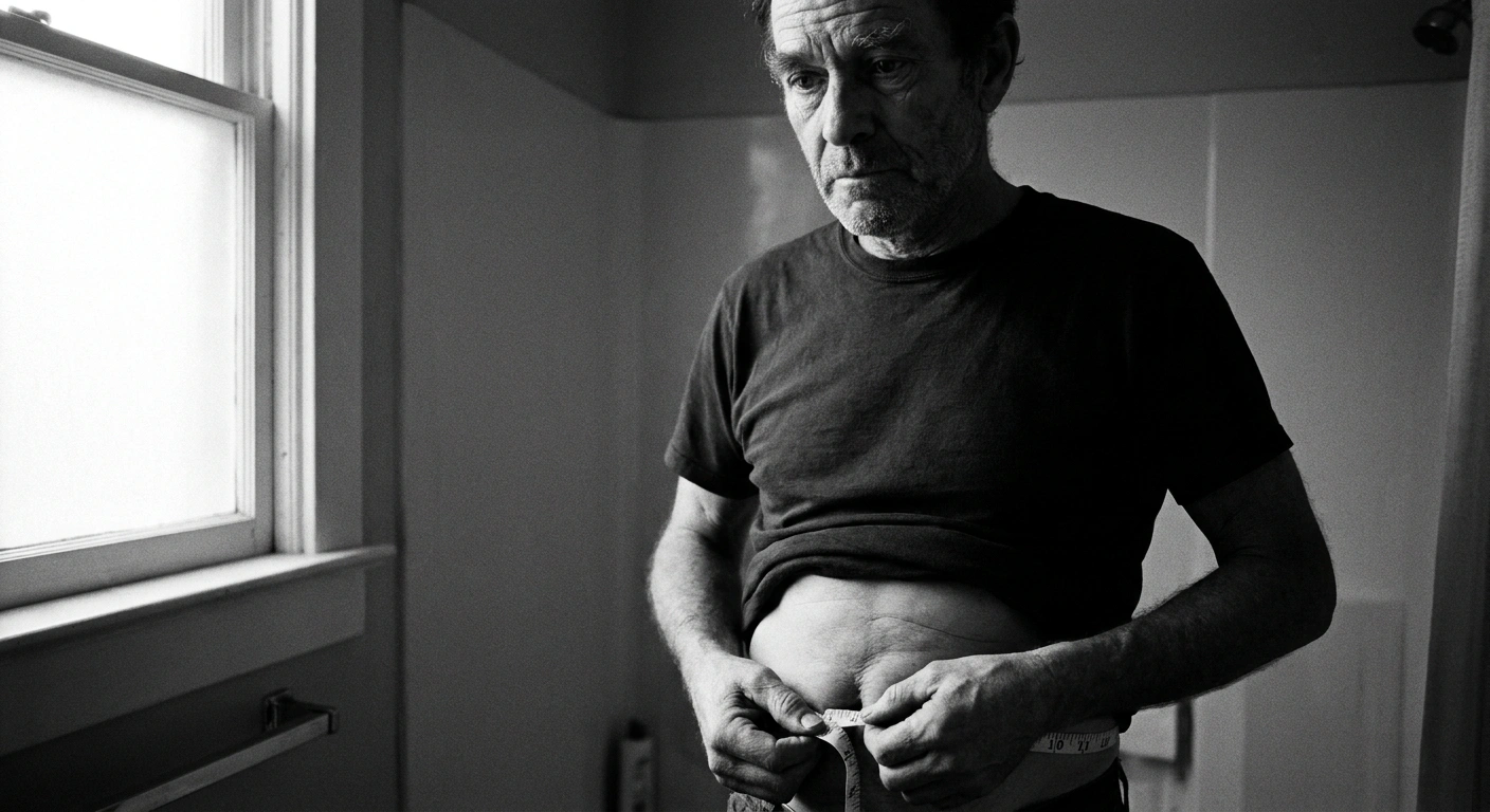 Middle-aged man measuring his waist with a tape measure, black and white documentary photography