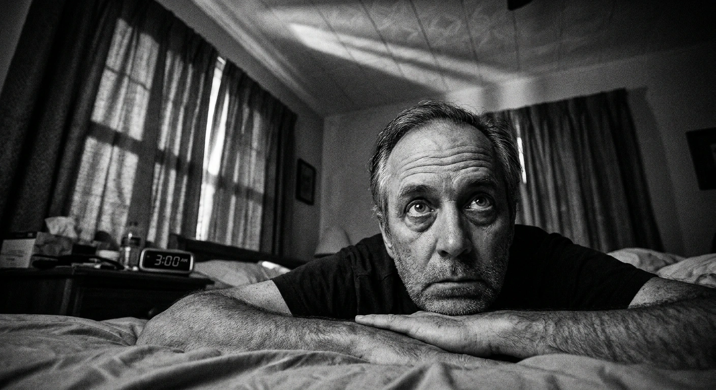 Man in his mid-40s lying awake in bed at night staring at the ceiling, dimly lit bedroom, unretouched black-and-white documentary photograph