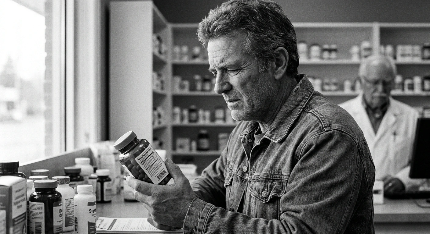 Man in his mid-40s examining supplement bottles at a pharmacy counter, black-and-white documentary photograph, natural window light, unretouched