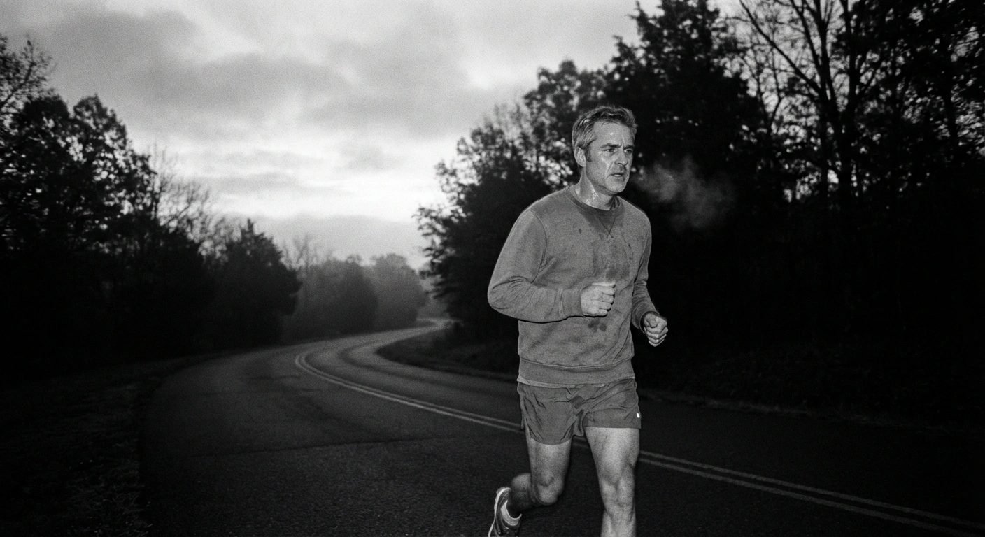 Black and white documentary photograph of a man jogging on an empty road at sunrise, photojournalistic style